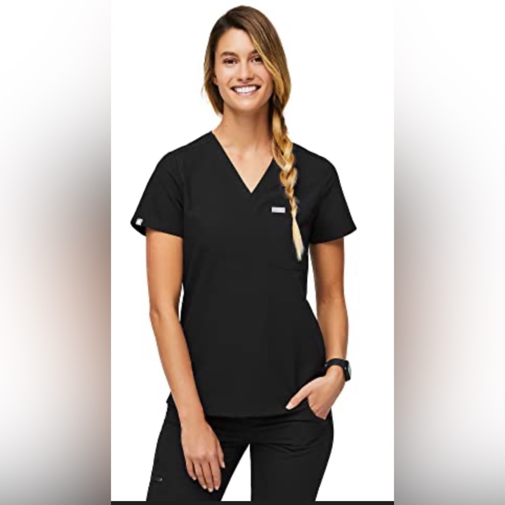 Figs Black V-Neck Short Sleeve Scrub Top